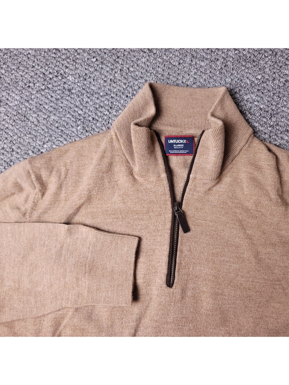 UNTUCKit Merino Wool Sweater Mens XL Camel Brown Pullover Zip Belguardo Suede